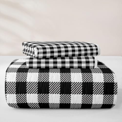 Black White Grid Quilt Set Twin Size with Pillowcase Kids Bedroom Decor