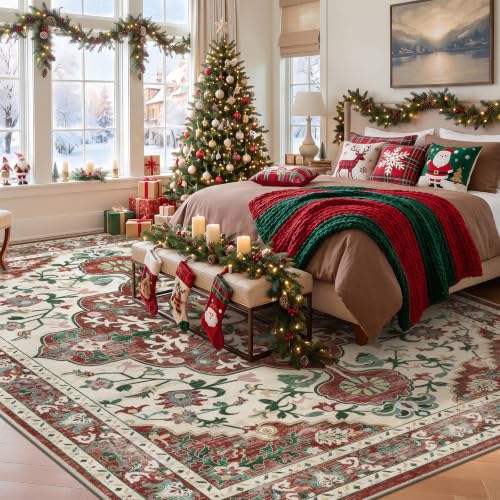 Red Christmas Area Rug 9x12 - Boho Vintage Floral, Non-Slip Backing, Washable