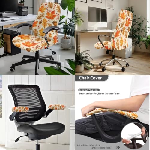 Beige Maple Leaf Acorn Print Office Chair Cover Set with Armrest Protectors - Large