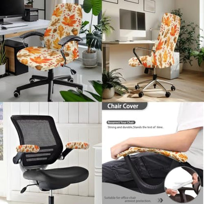 Beige Maple Leaf Acorn Print Office Chair Cover Set with Armrest Protectors - Large