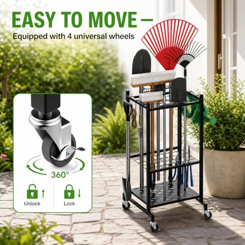 Garden Tool Organizer with Wheels - Garage Storage Rack for Rakes, Shovels, and Tools