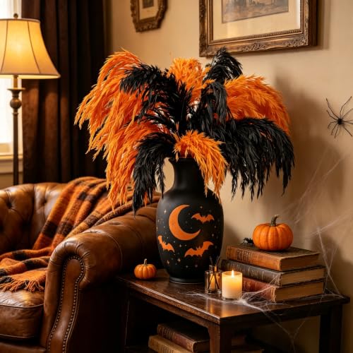 Halloween Black and Orange Pampas Grass for Fall Decor - 17 Inches