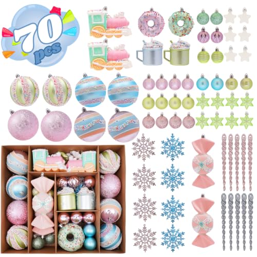 70pcs Macaron Christmas Ball Ornaments Set Candyland Tree Decorations - Shatterproof