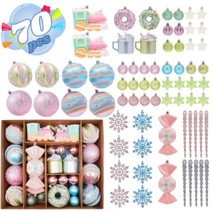 70pcs Macaron Christmas Ball Ornaments Set Candyland Tree Decorations - Shatterproof
