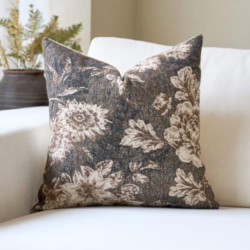 Vintage Floral Pillow Cover 20x20 Inches - Brown Fabric, Single Sided