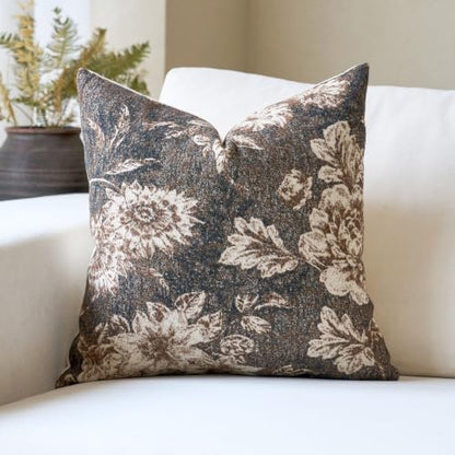 Vintage Floral Pillow Cover 20x20 Inches - Brown Fabric, Single Sided