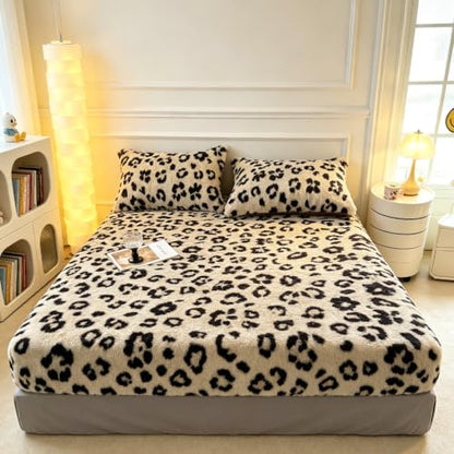 Plush Shaggy Queen Fitted Sheet with Deep Pockets - Leopard Print Tan Variation of Queen