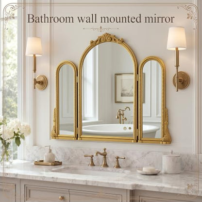 Wonderjune Vintage Gold Arched 3-Way Trifold Vanity Mirror - Baroque Style