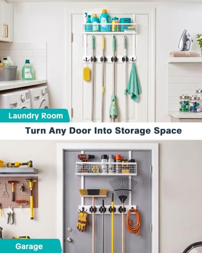 Over the Door Broom Organizer with Basket - No-Drill Wall Mount Storage