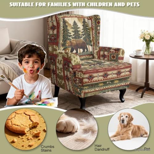 Tribal Mountain Bear Wingback Chair Slipcover with Ottoman Set - Protective Furniture Cover