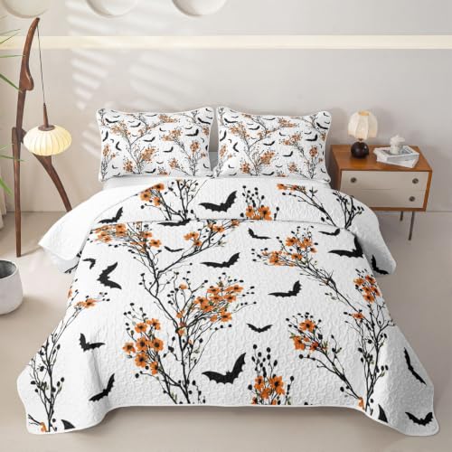 Castle Fairy Halloween Branch Quilt Set Full Size - White Black Orange - Kids Bedroom Decor