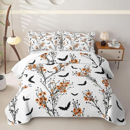 Castle Fairy Halloween Branch Quilt Set Full Size - White Black Orange - Kids Bedroom Decor