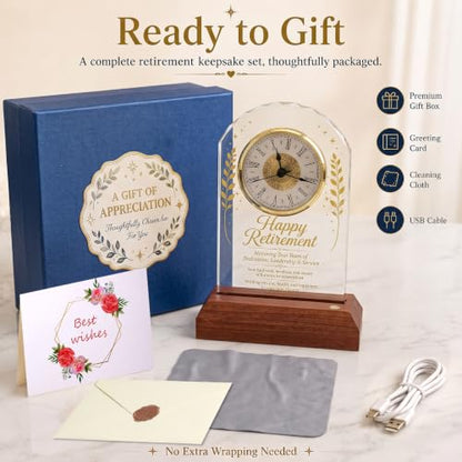 Retirement Gift Crystal Clock with Wooden LED Light Base - Engraved Keepsake Plaque for Boss, Teacher, Nurse, Doctor