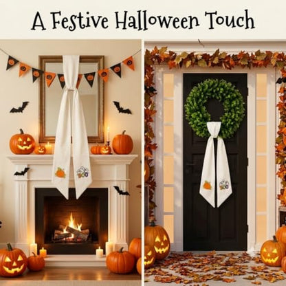 Fall Halloween Wreath Sash with Embroidered Ghost and Pumpkin - 59 Inch Seasonal Decor