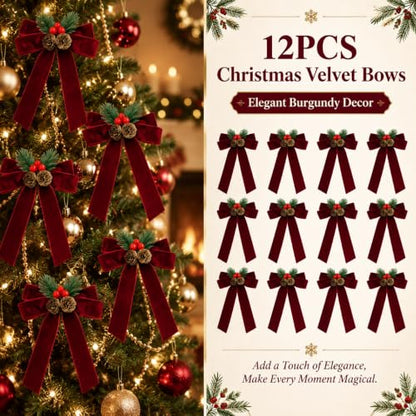 Burgundy Velvet Christmas Bow with Pine Cones - 6.3 Inch Holiday Wreath Decor