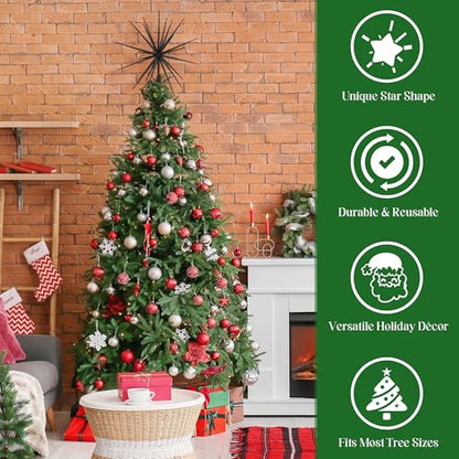 Black Christmas Starburst Tree Topper 13.8 Inch Glittered Burst Decoration