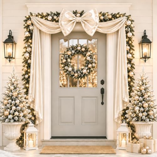 JOICEE Large Champagne Glitter Satin Christmas Tree Topper Bow 20x59 Inch - Variation of Champagne