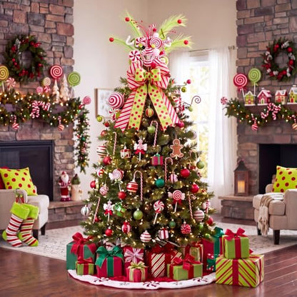 Christmas Tree Topper Set - Red & Green Whimsical Holiday Decor with Bow and Candy Canes - Novelty