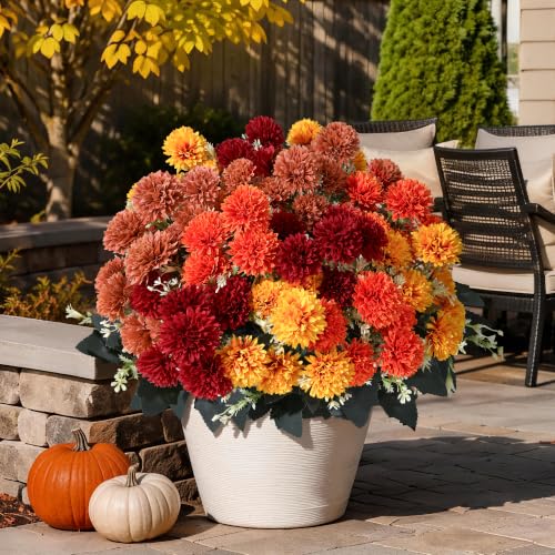 Artificial Fall Mums Flowers for Outdoors - 12 Bundles, UV Resistant, Realistic Faux Chrysanthemums - Multi Variation