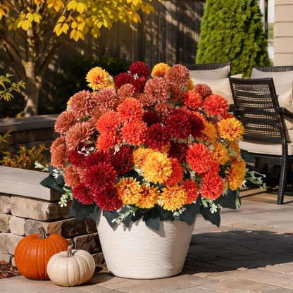 Artificial Fall Mums Flowers for Outdoors - 12 Bundles, UV Resistant, Realistic Faux Chrysanthemums - Multi Variation