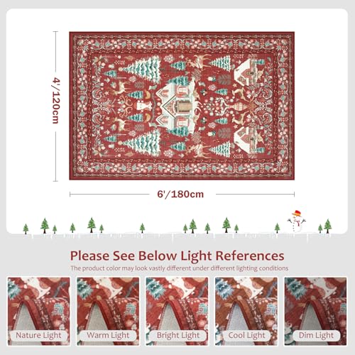 4x6 Christmas Area Rug with No-Slip Backing - Red Boho Holiday Rug for Living Room and Bedroom