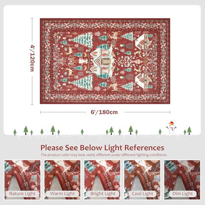4x6 Christmas Area Rug with No-Slip Backing - Red Boho Holiday Rug for Living Room and Bedroom