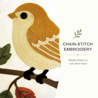 Botanical Birds Embroidered Throw Pillow Cover 18x18 Inches - Pack of 1