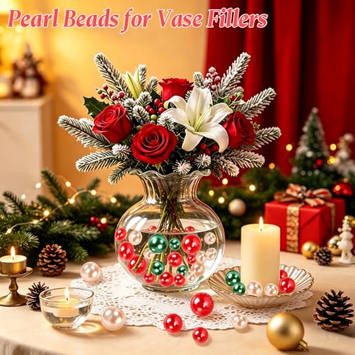 225PCS Christmas Vase Filler Beads - Red Green Champagne Gold No Hole Pearls for Decor & DIY Crafts