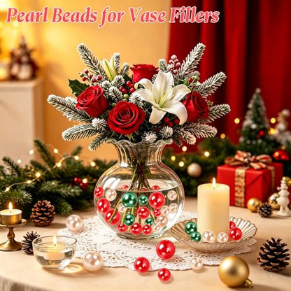 225PCS Christmas Vase Filler Beads - Red Green Champagne Gold No Hole Pearls for Decor & DIY Crafts