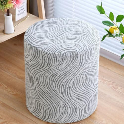 Small Round Jacquard Ottoman Cover with Elastic Fit - Light Gray D18xH16