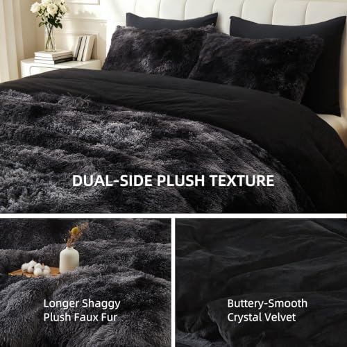 Long Shag Faux Fur Comforter Set - Full Size Black Fluffy Bed Bedding with Tie-Dye Option