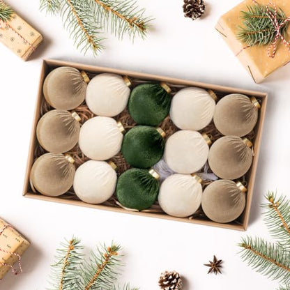 Velvet Christmas Ornaments Set - 15 Green & Brown Fabric Balls, 3.15 Inch - Holiday Decor