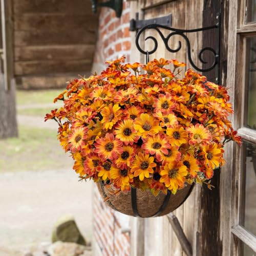 Artificial Mums Flowers for Outdoor & Indoor Decor - Orange Yellow, 12 Bundles