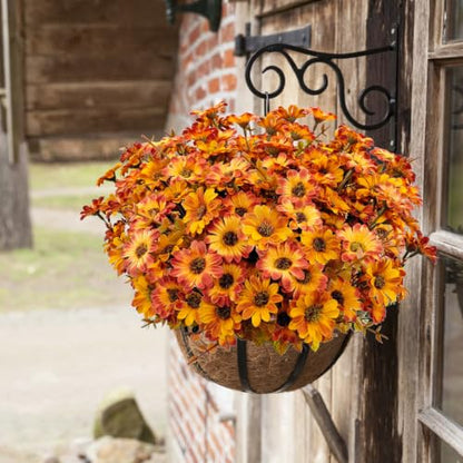 Artificial Mums Flowers for Outdoor & Indoor Decor - Orange Yellow, 12 Bundles