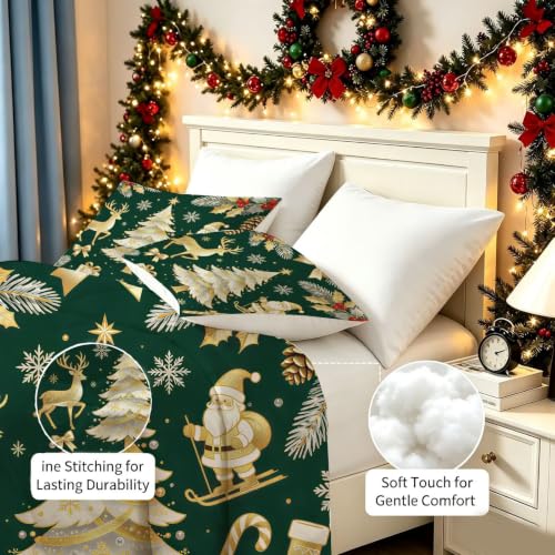 Christmas Comforter Set Queen Size - Gold Reindeer Tree Bedding 3 Pcs - Holiday Bedding