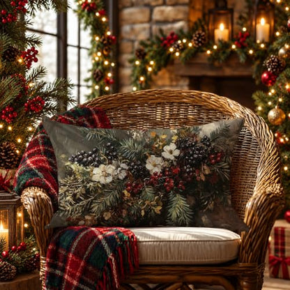 Winter Magnolia Christmas Floral Lumbar Pillow Cover 20x12 - Cozy Holiday Decor