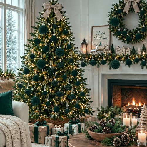 Velvet Christmas Ornaments Set 46 pcs Forest Green Shatterproof Holiday Decor - Variation of THIS listing