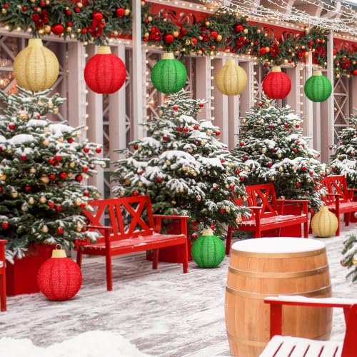 Outdoor Christmas Ornament Balls Set - Glitter Red, Green, Gold, 12 Inches, 3 Pack