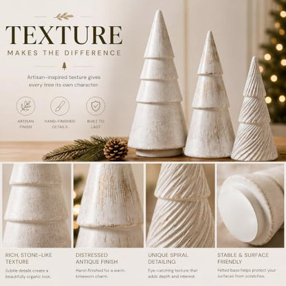 Antique White Rustic Christmas Tree Figurines Set of 3 - Holiday Decor