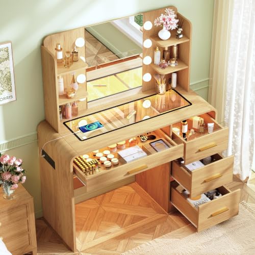 Vanity Desk with Mirror & Lights - 4 Drawers, Glass Top, RGB LEDs, Charging Station (Natural Oak) - 1 Set