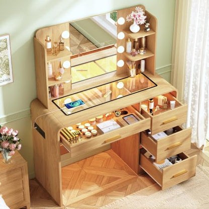 Vanity Desk with Mirror & Lights - 4 Drawers, Glass Top, RGB LEDs, Charging Station (Natural Oak) - 1 Set