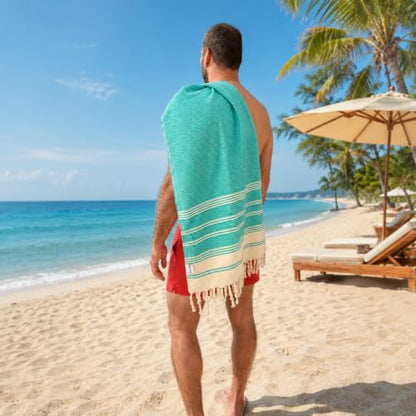 Oversized Turkish Cotton Beach Towel - Quick Dry Sand-Resistant Travel & Pool Towel, Aqua Blue 39 x 71 inches
