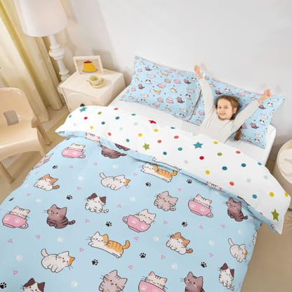 Castle Fairy Kawaii Cat Duvet Cover Set Full Size Blue 80x90 - Cartoon Animal Pet Bedding