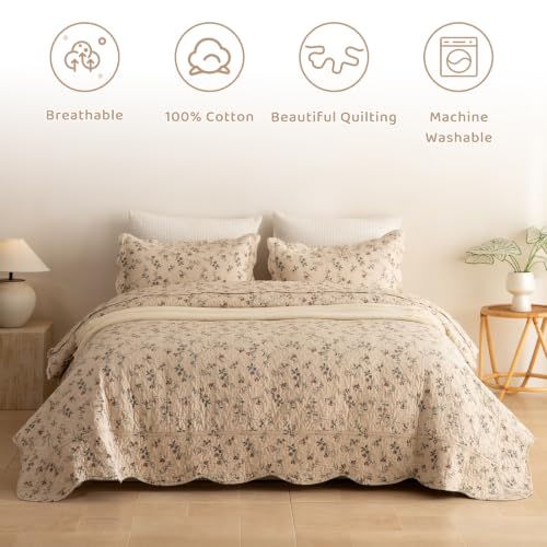 Floral Queen Quilt Set - 100% Cotton, Ditsy Vintage Bedspread, 3 Pieces - Queen (90x98) - Neutral Base