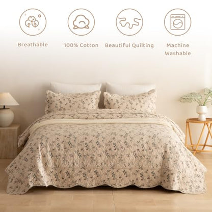 Floral Queen Quilt Set - 100% Cotton, Ditsy Vintage Bedspread, 3 Pieces - Queen (90x98) - Neutral Base
