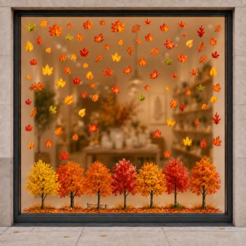 Large Fall Maple Tree Window Clings - 8 Sheets Autumn Thanksgiving Decor - Reusable Static Stickers
