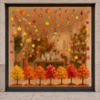Large Fall Maple Tree Window Clings - 8 Sheets Autumn Thanksgiving Decor - Reusable Static Stickers