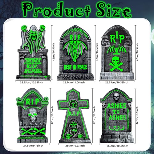 6 Pack Halloween Glow in The Dark Tombstones Decorations with Stakes - Large 16.5x10 Inch Outdoor Cemetery Props