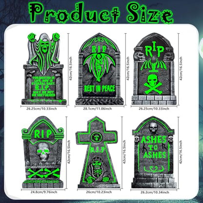 6 Pack Halloween Glow in The Dark Tombstones Decorations with Stakes - Large 16.5x10 Inch Outdoor Cemetery Props