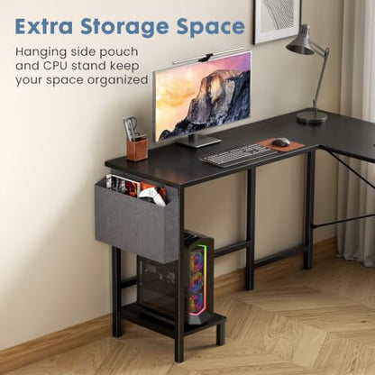 DUMOS L-Shaped Computer Desk with PC Stand - Reversible Corner Workstation, Black / 50-In